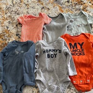 6 Assorted Baby Bodysuits - Blue, Gray, Orange